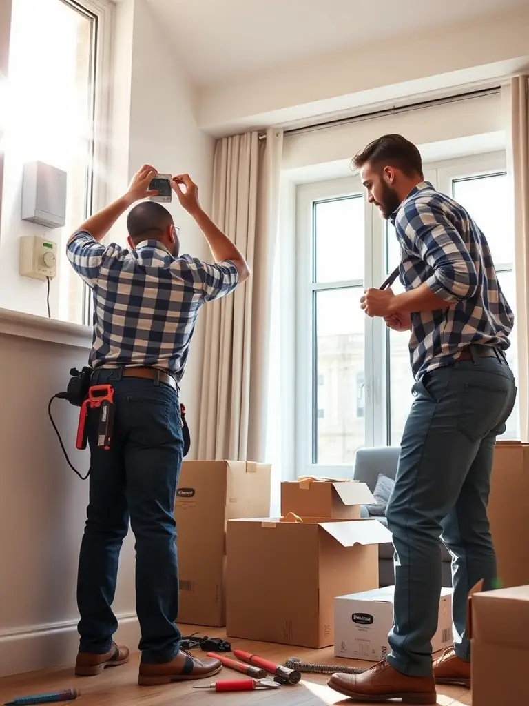 A moving team efficiently setting up utilities and inspecting a property in Geneva, showcasing comprehensive installation and logistics support.