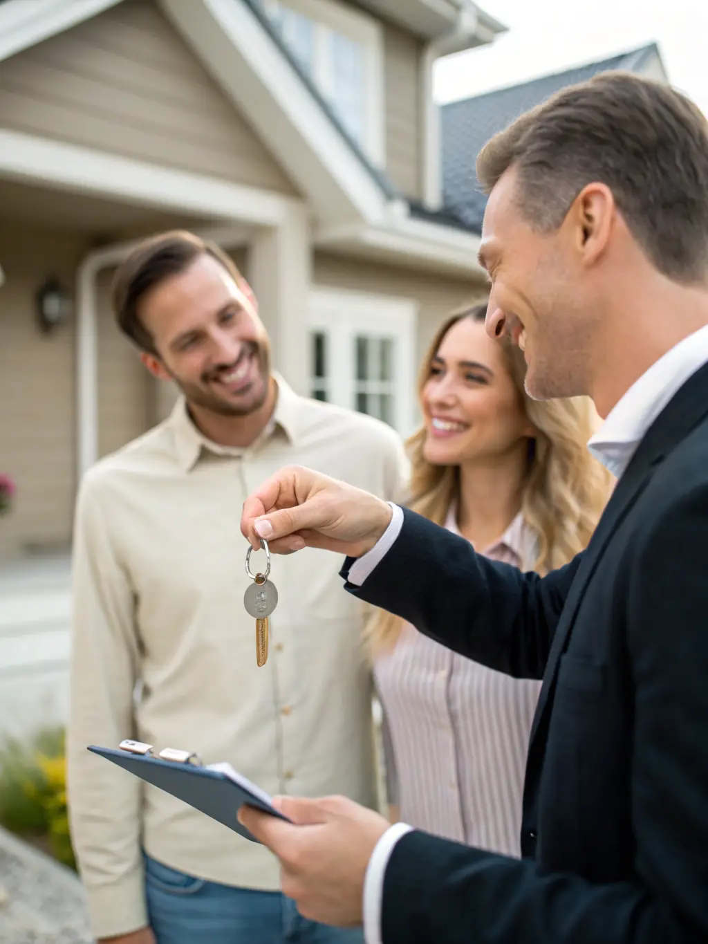 A friendly agent handing over keys to a smiling client in front of an apartment building in Geneva, symbolizing a successful lease transfer.