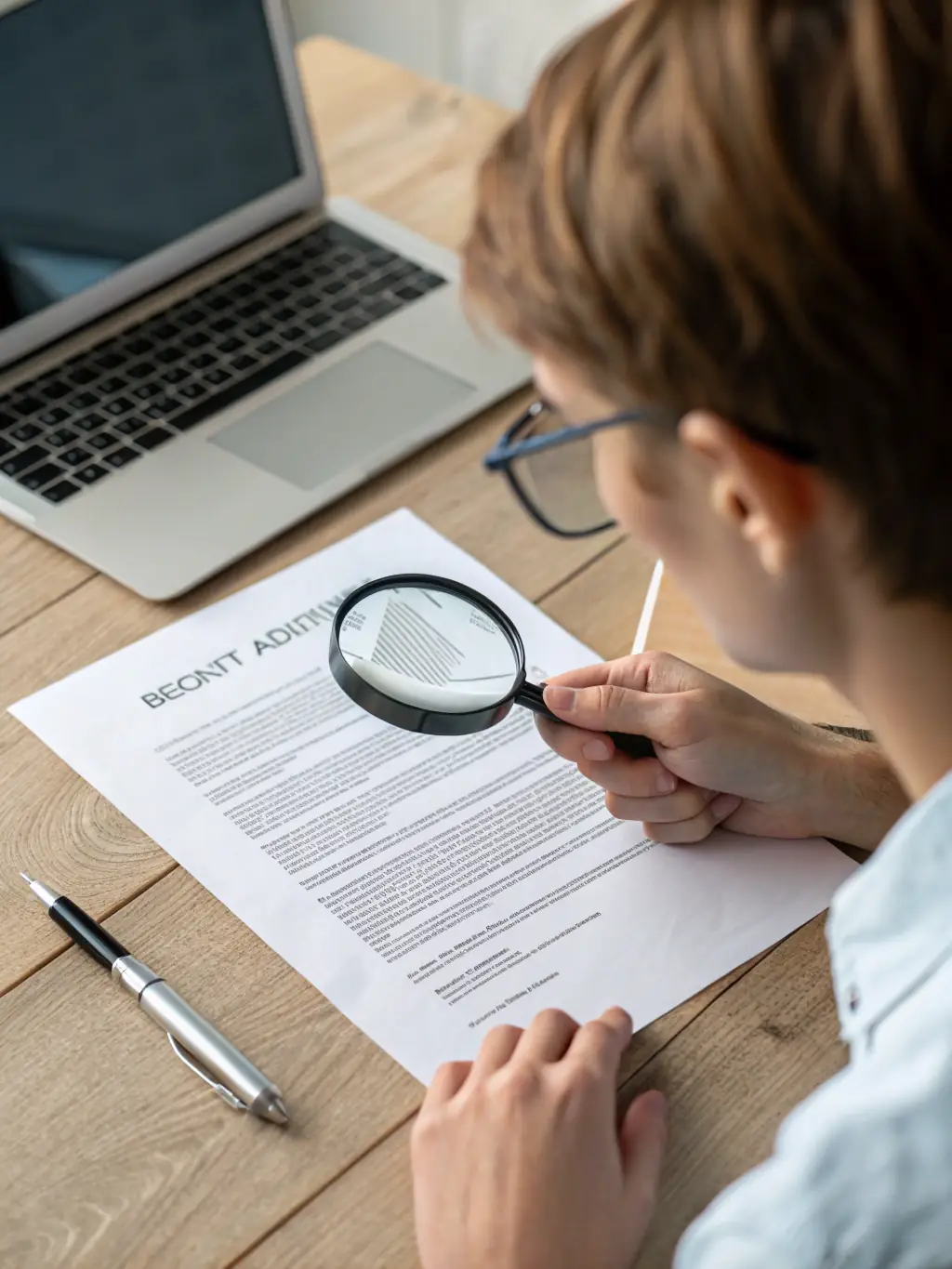 A person reviewing rental documents with a magnifying glass, highlighting the attention to detail in managing rental agreements and applications.