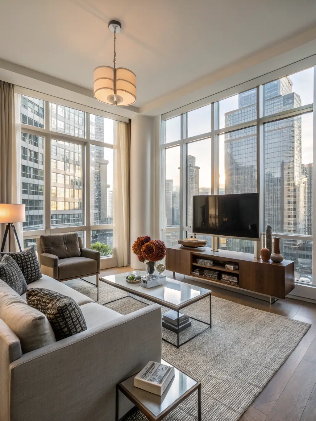 A professional photograph of a modern apartment interior in Geneva, showcasing a bright living room with stylish furniture, representing the rental brokerage service.