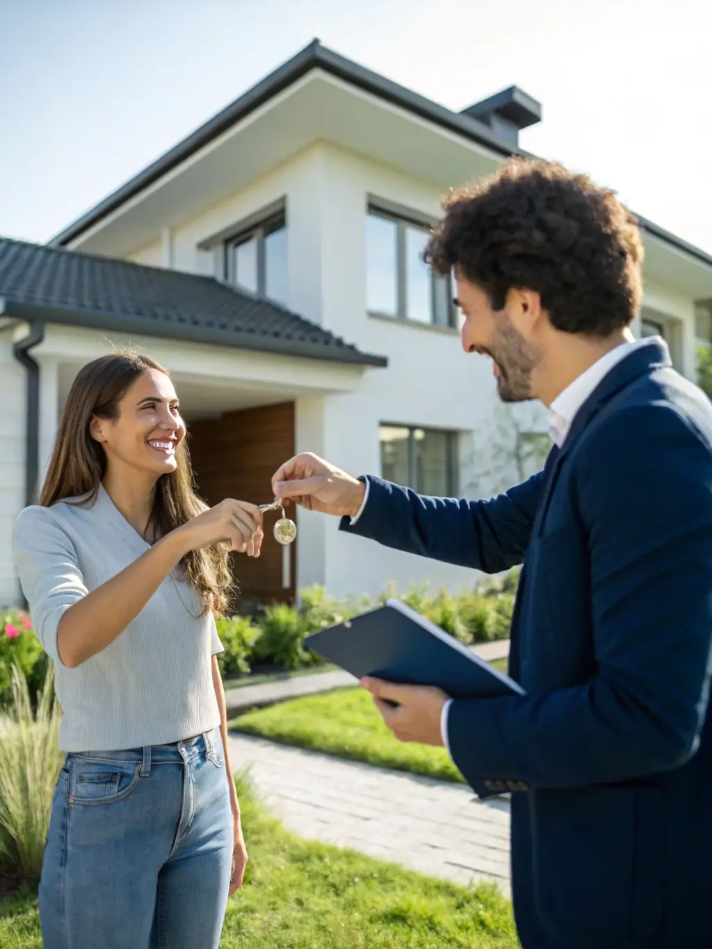 A friendly real estate agent handing over keys to a smiling tenant in front of a modern Geneva apartment building, symbolizing a smooth and successful rental brokerage service.