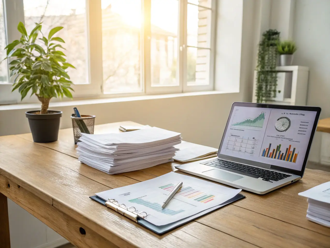 A professional photograph showcasing a well-organized and complete tenant application file, highlighting key documents and solvency information, set in a modern office environment.