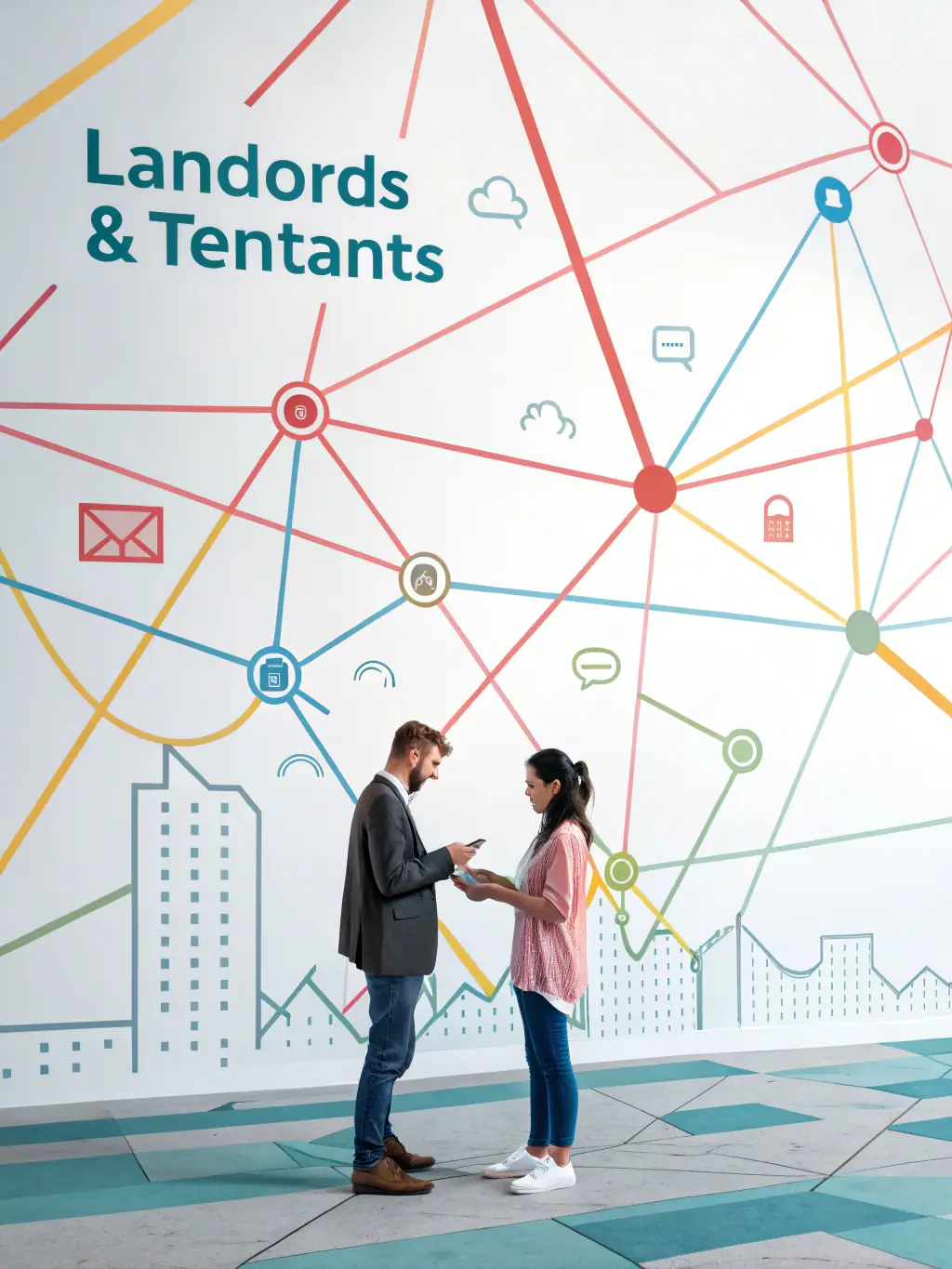A digital illustration depicting a network of interconnected people, with filters and magnifying glasses highlighting the process of identifying and qualifying potential replacement tenants for the lease.