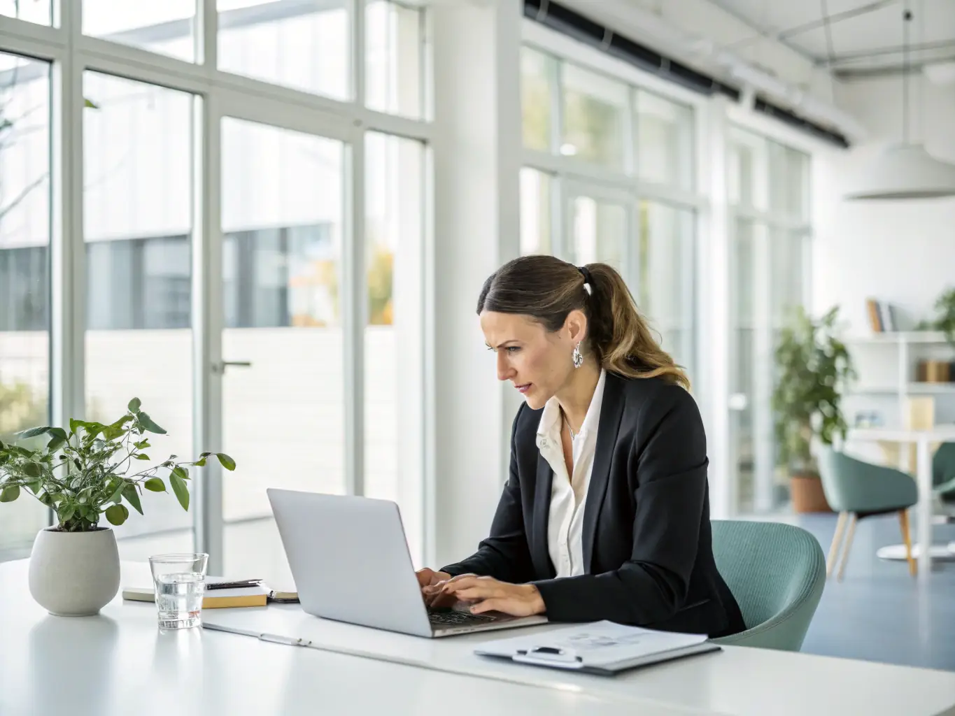 A professional real estate agent reviewing a stack of tenant applications in a well-lit office, symbolizing the thorough screening process.