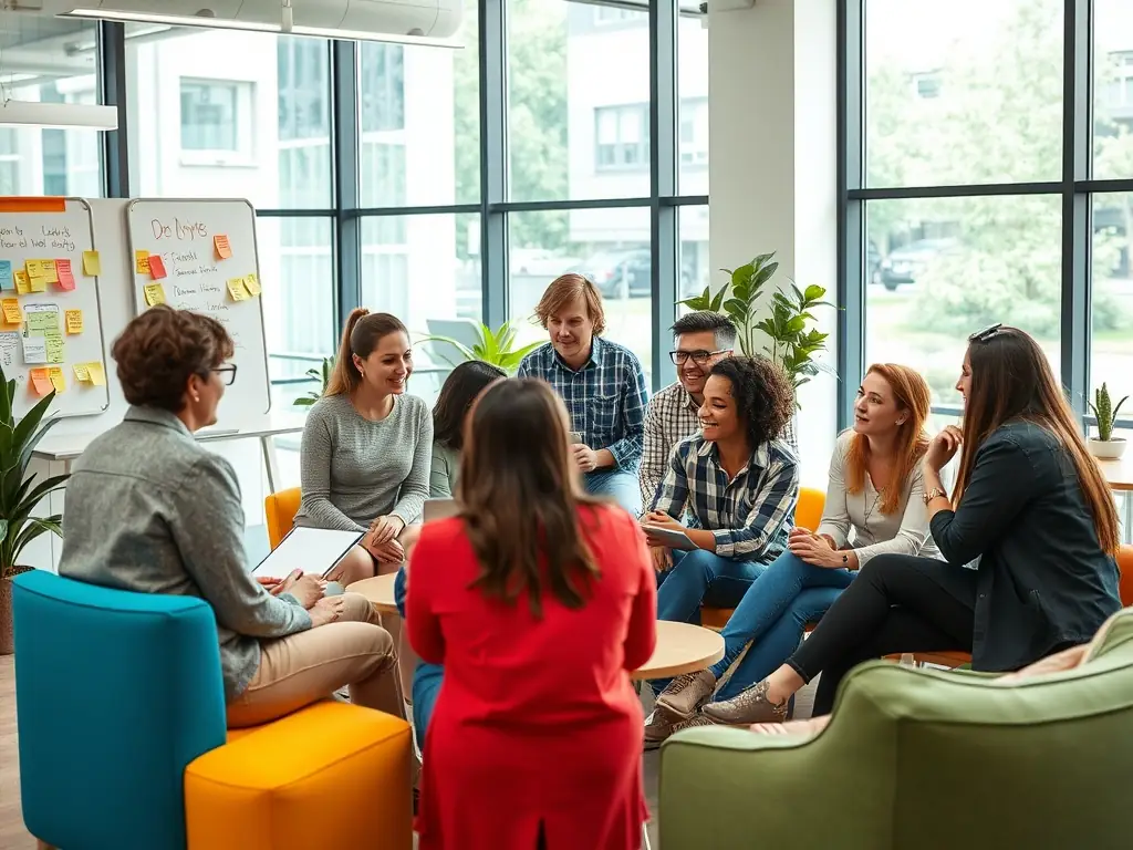 An image depicting a diverse group of pre-qualified tenant candidates, possibly in a co-working space or attending a networking event, symbolizing the agency's extensive network.